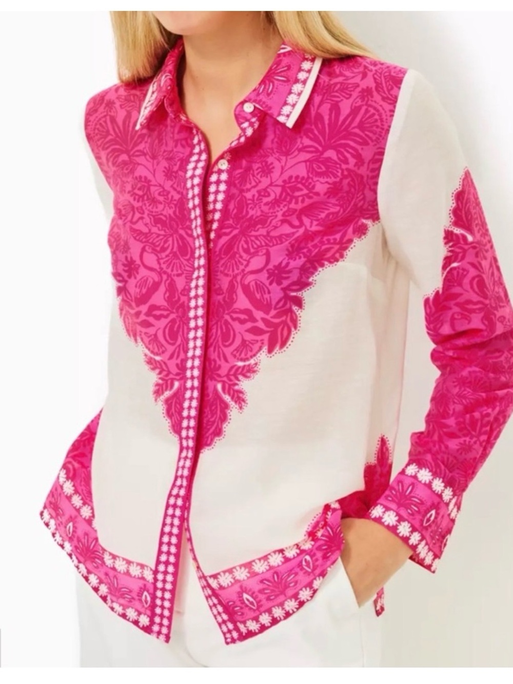 NWT Lilly Pulitzer Kiran Button Down Top Long Sleeve Women's small Pink White